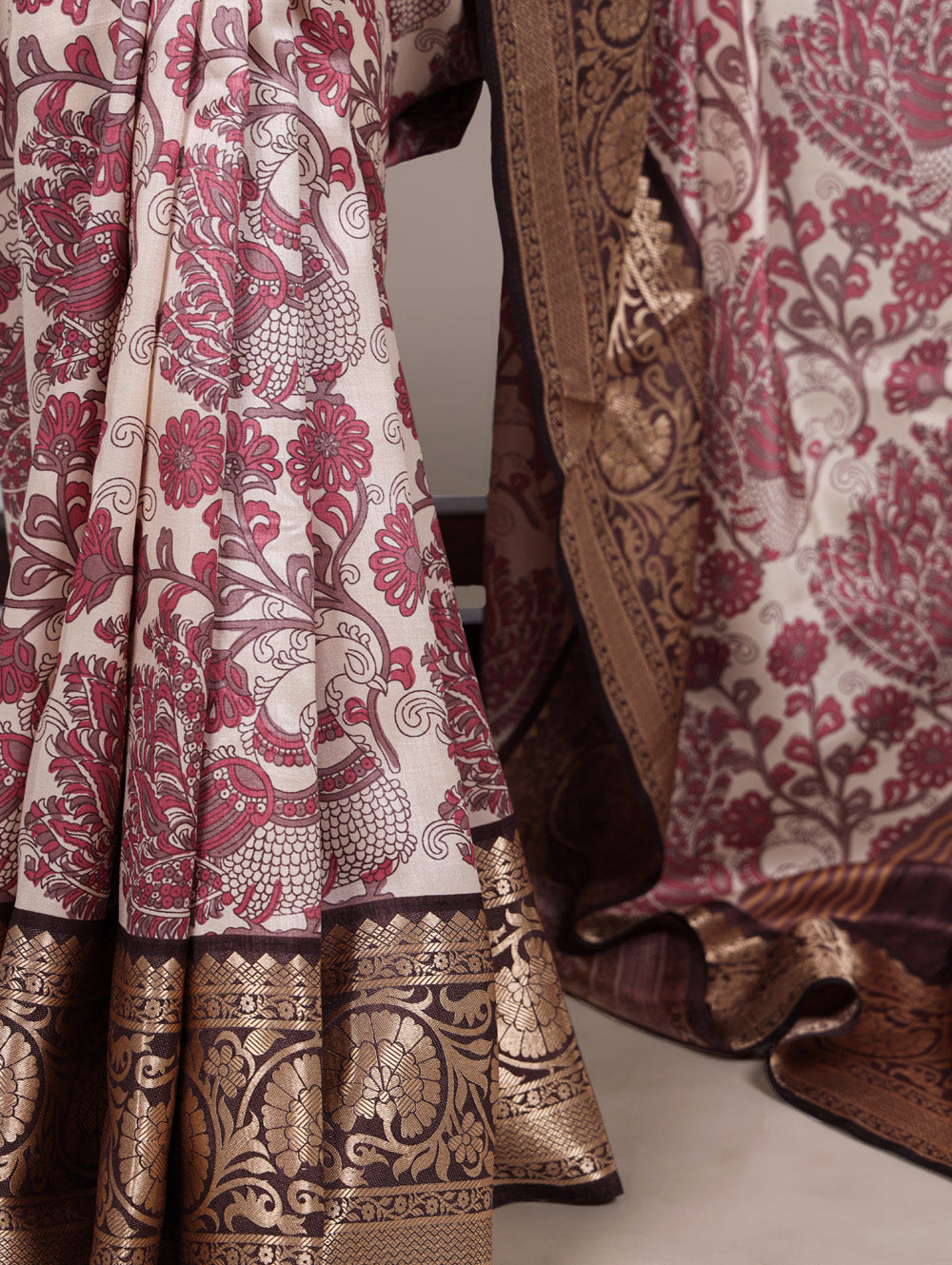Pink color printed tasar silk saree with viscose border