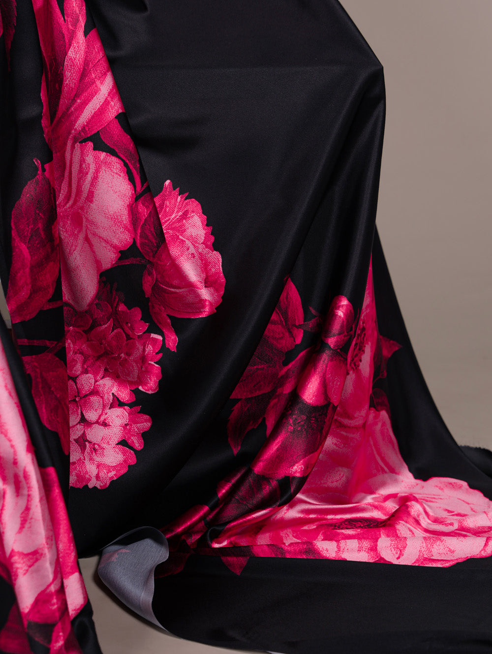 Pink floral printed satin silk saree with matching banglory blouse