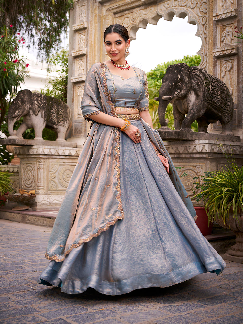 Sky blue fendi fabric sequins thread embroidered lehenga choli with dupatta