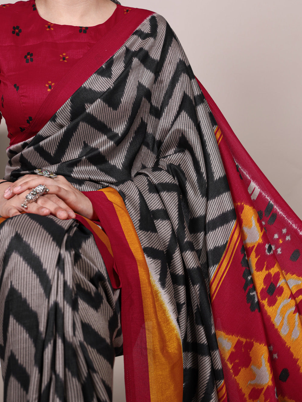 Black printed tasar silk saree with matching blouse