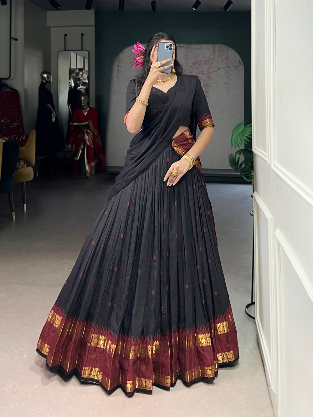 Black chanderi lehenga choli with zari weaving border 4 meter flair