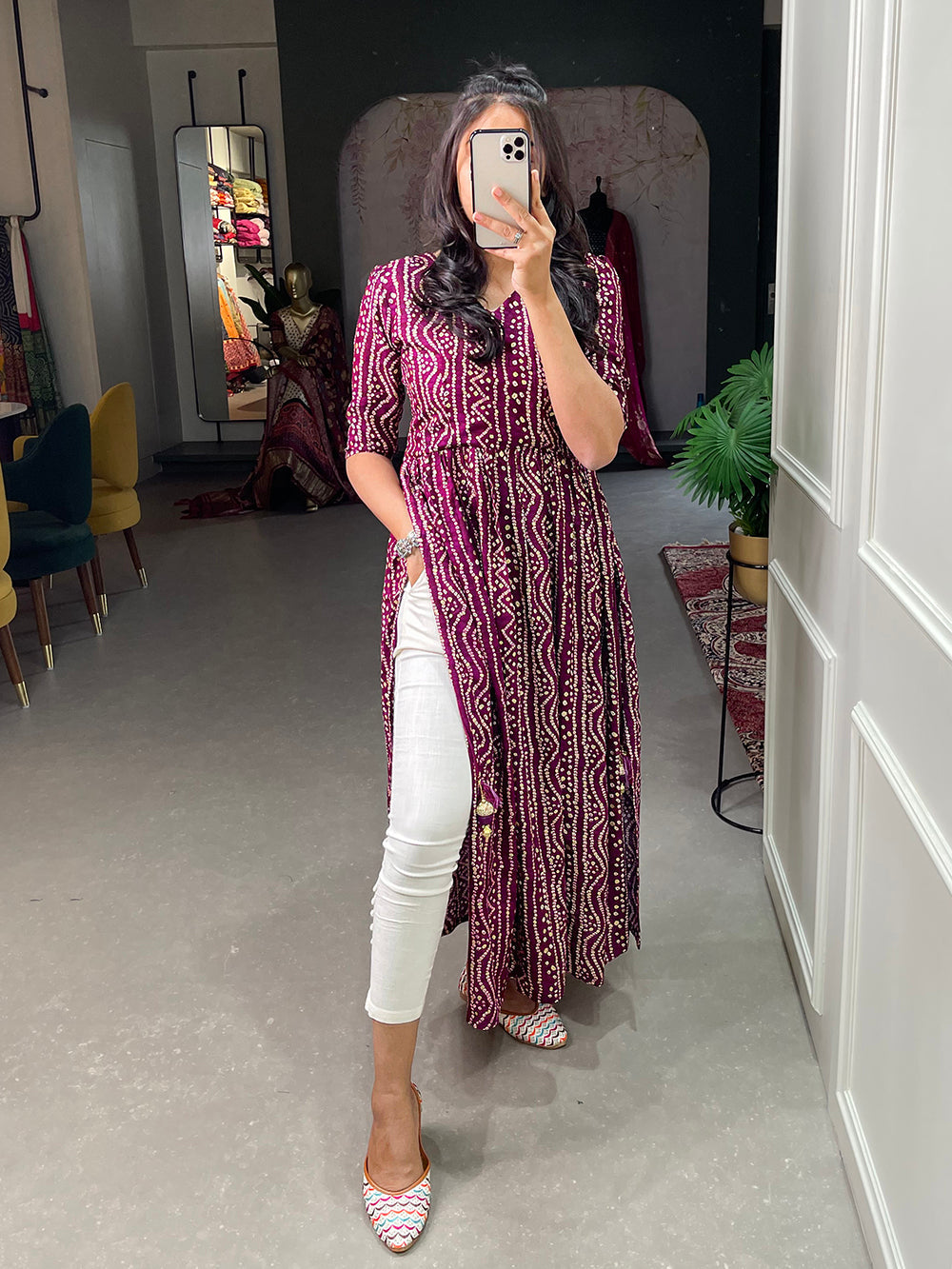 Wine Color Foil and Printed Pure Cotton Kurti