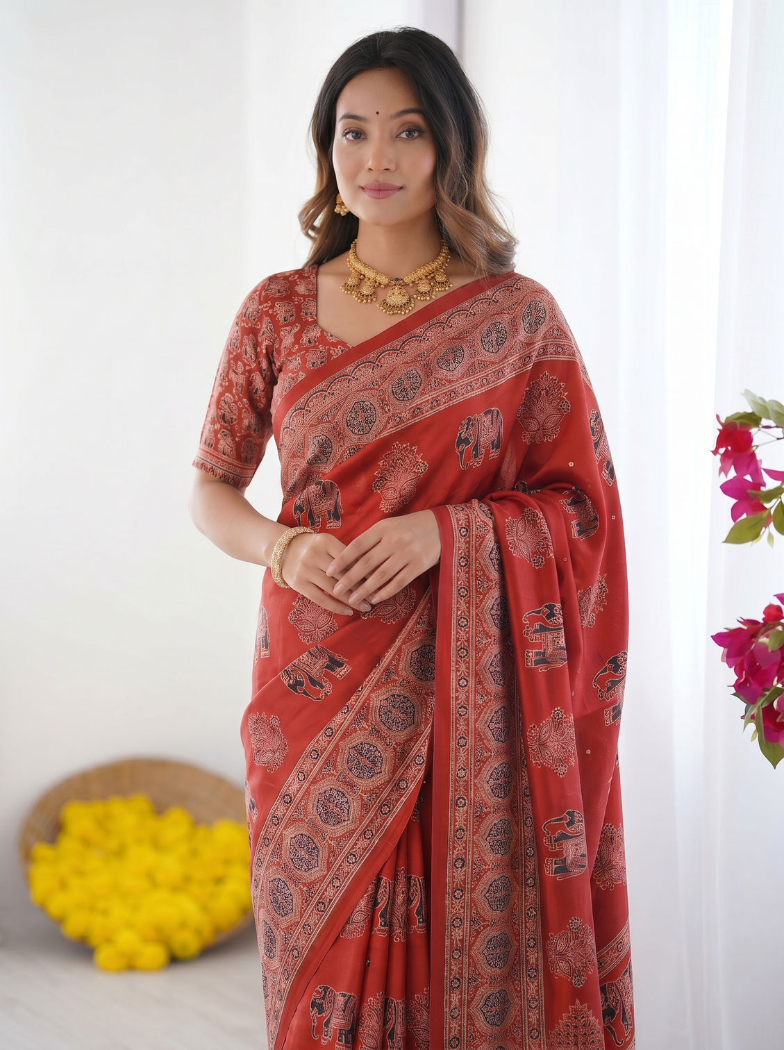 Rust red modal silk saree with elephant motif ajrakh print designer pallu traditional ethnic festive wear saree