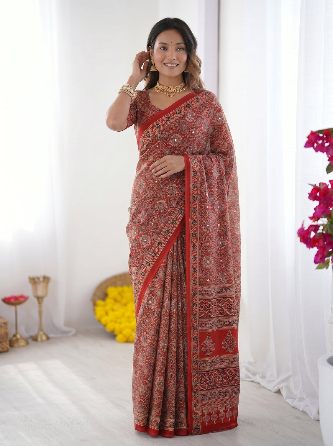 Rustic brick red modal silk saree with heritage geometric motifs traditional designer border artistic pallu mameraa