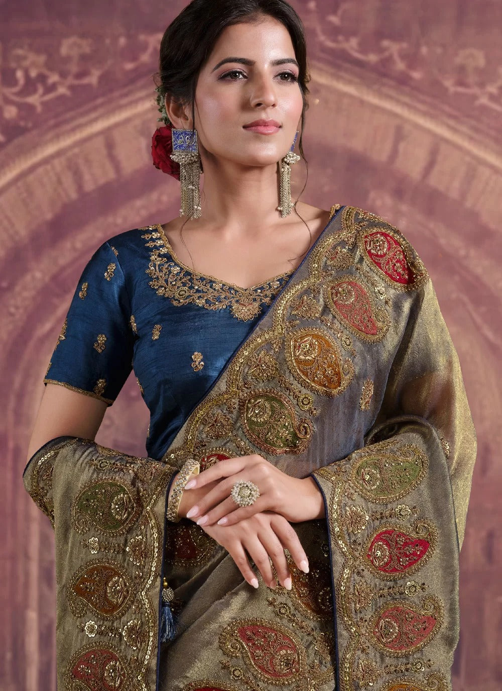 Celestial teal blue organza silk bridal saree with khatli sequence work