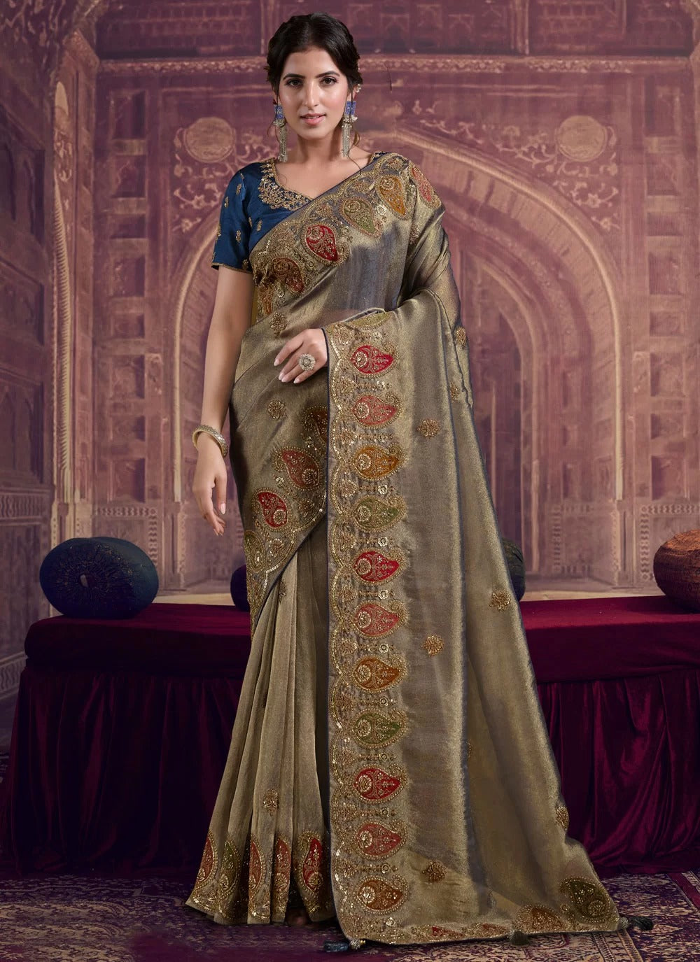 Celestial teal blue organza silk bridal saree with khatli sequence work