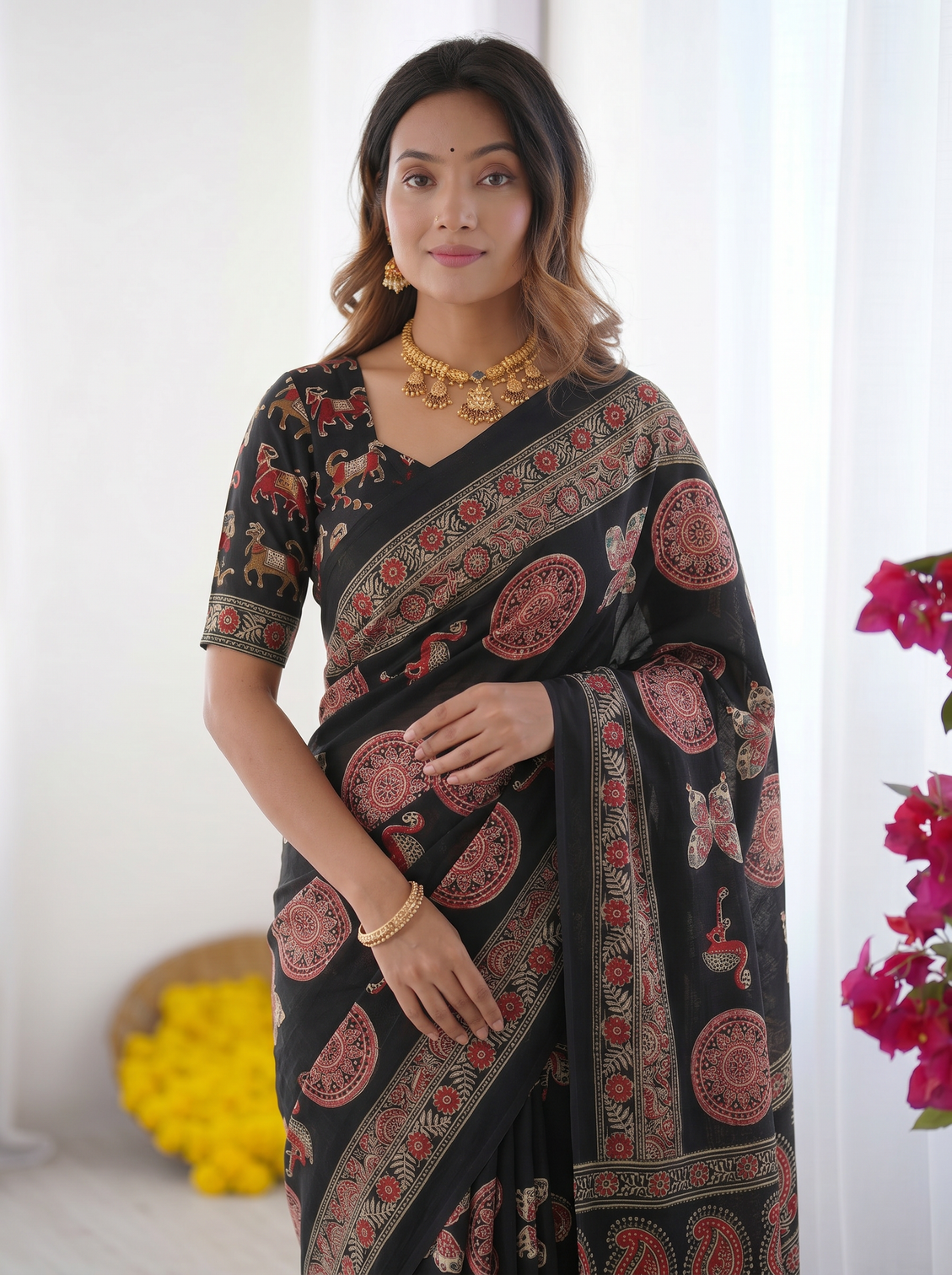 Black modal silk saree with traditional ajrakh inspired circular motif print designer pallu festive ethnic wear saree