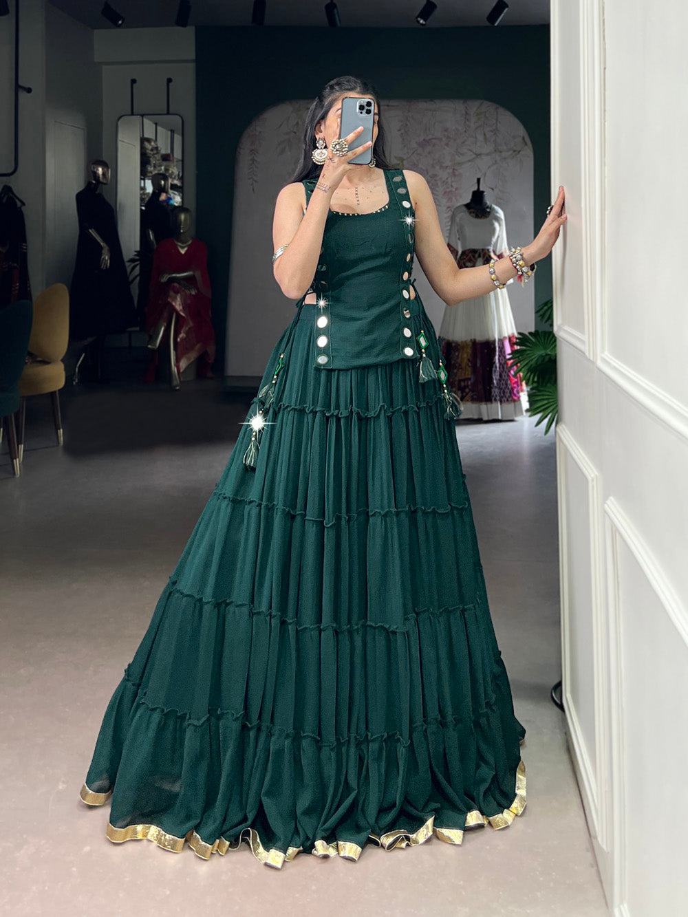 Green color embossed design lace border marbel chaniya choli