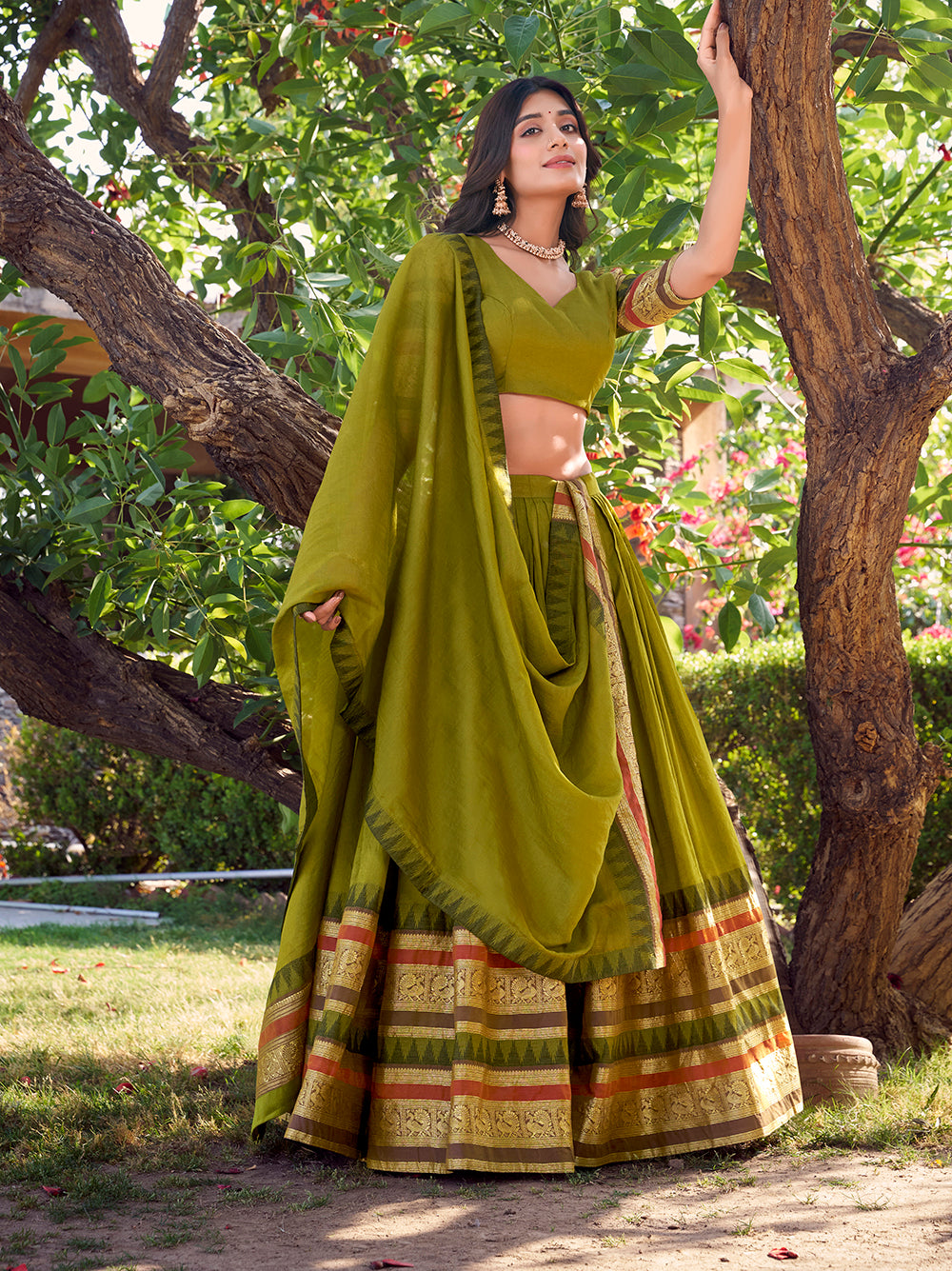 Mehandi green chanderi lehenga choli with zari border matching dupatta