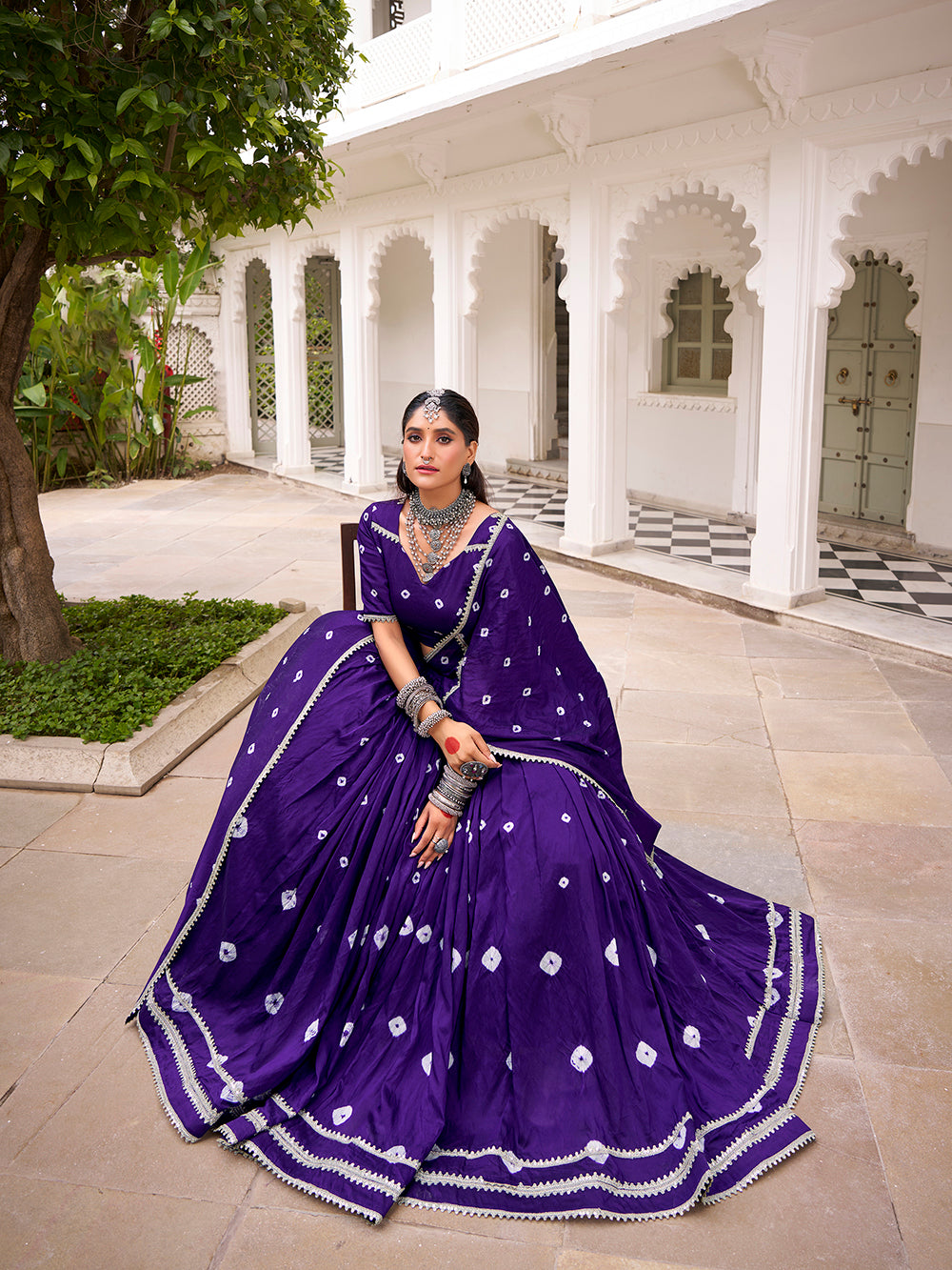 Purple chanderi bandhej print chaniya choli with lace work 6 meter flair