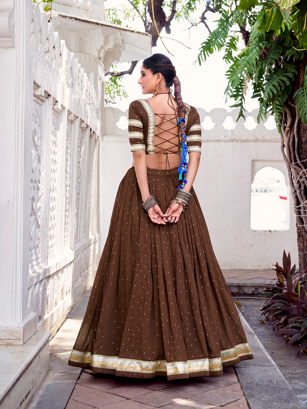 Brown color zari weaving work with embossed design chanderi lehenga choli