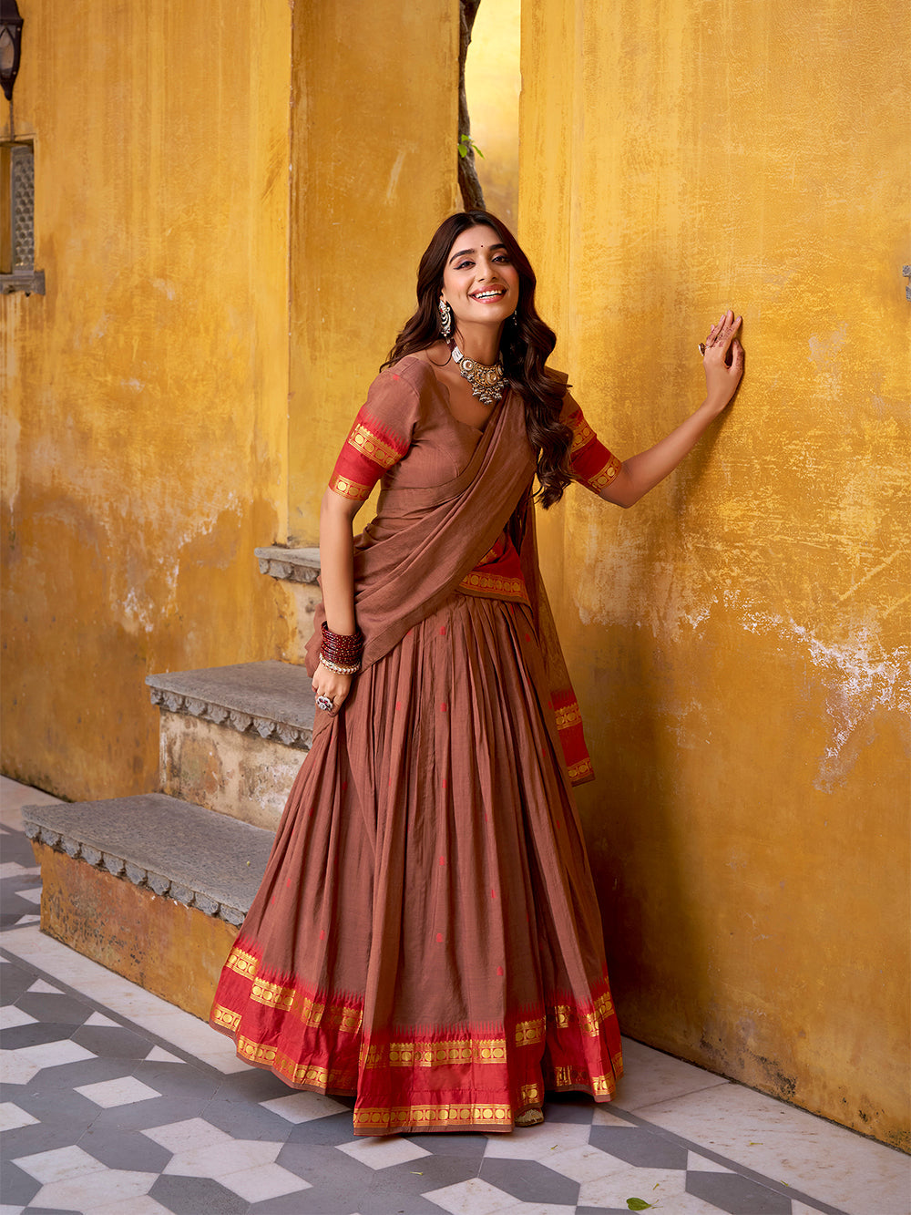 Brown color zari weaving work chanderi lehenga choli