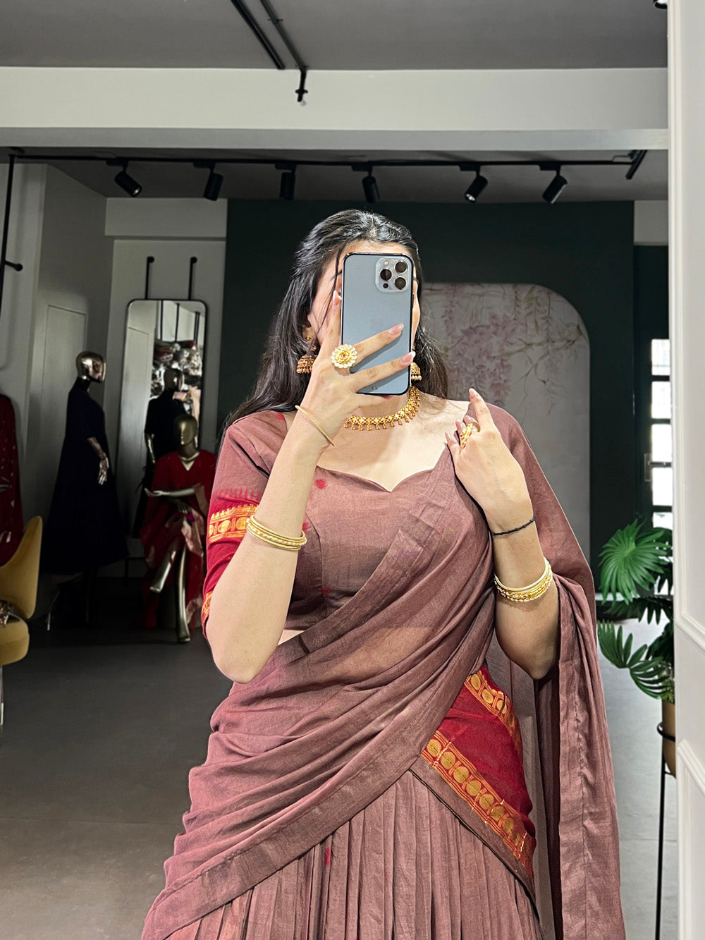 Brown chanderi lehenga choli with zari weaving border 4 meter flair