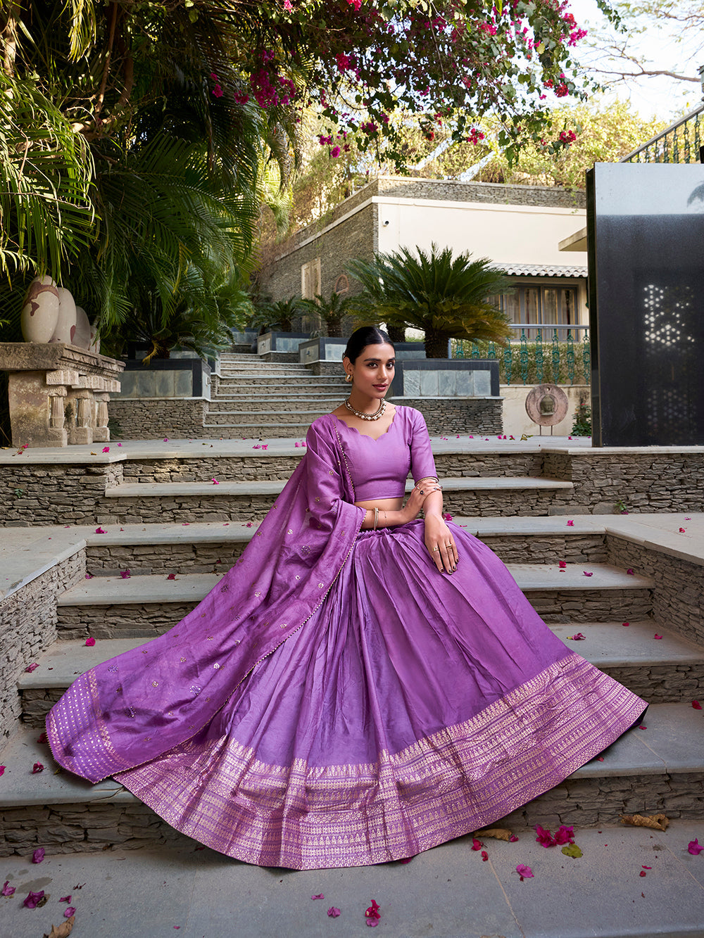Purple chanderi silk lehenga choli with zari weaving matching dupatta