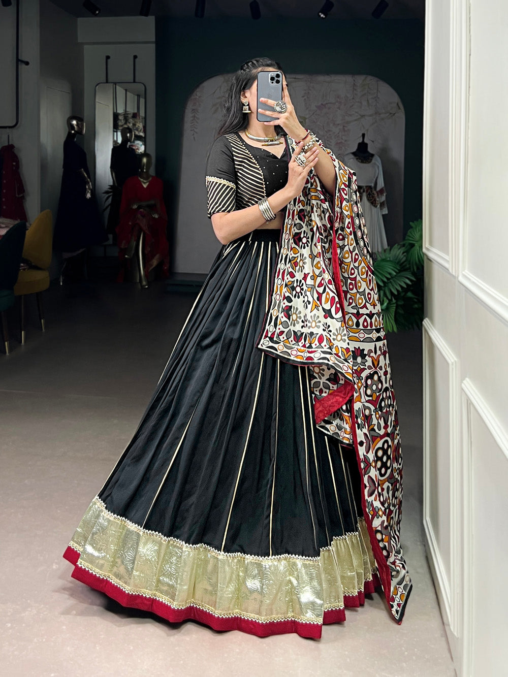 Black color zari weaving work with embossed design chanderi lehenga choli