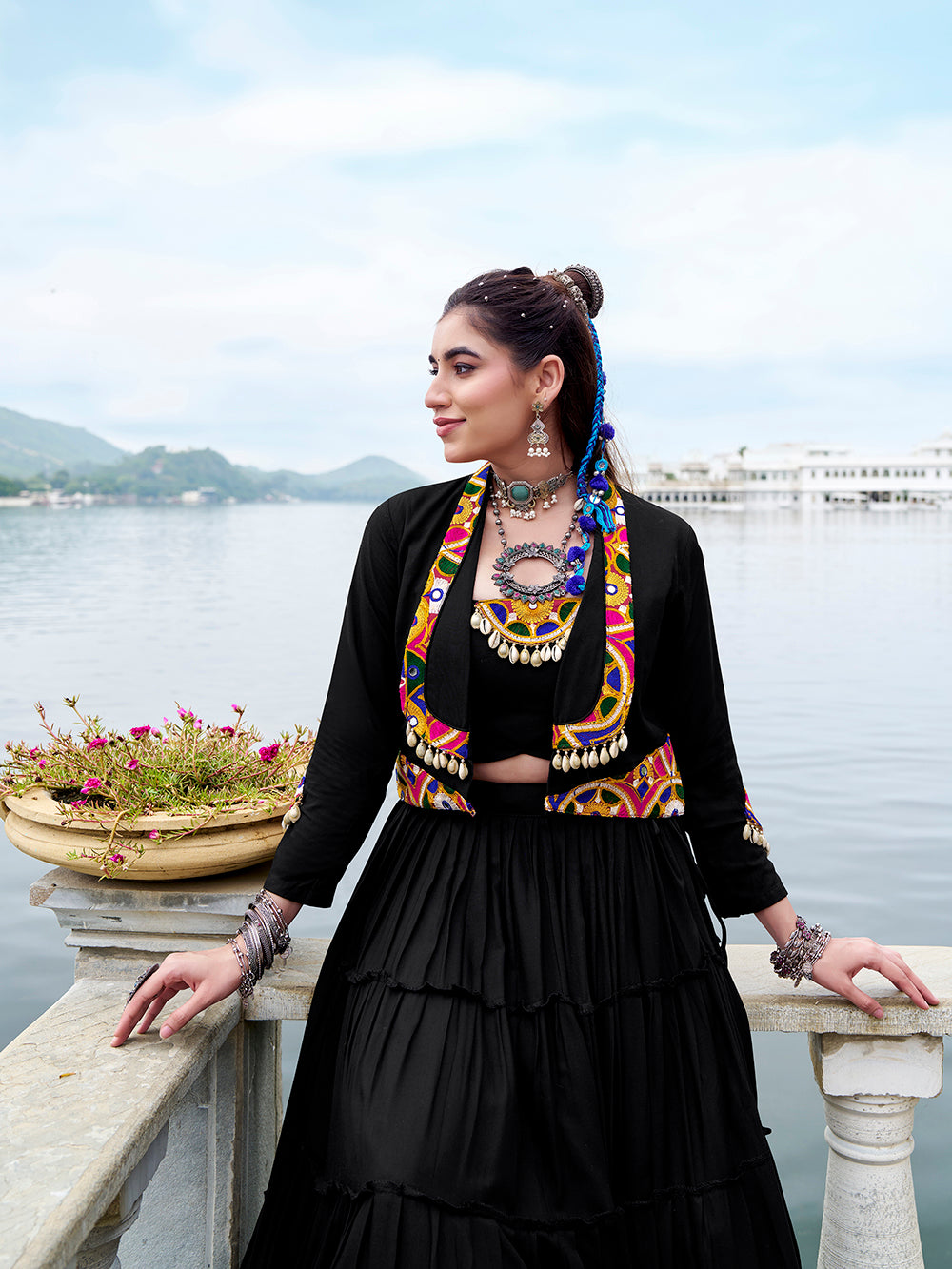 Black color gamthi work with cowrie touch up rayon co ord set