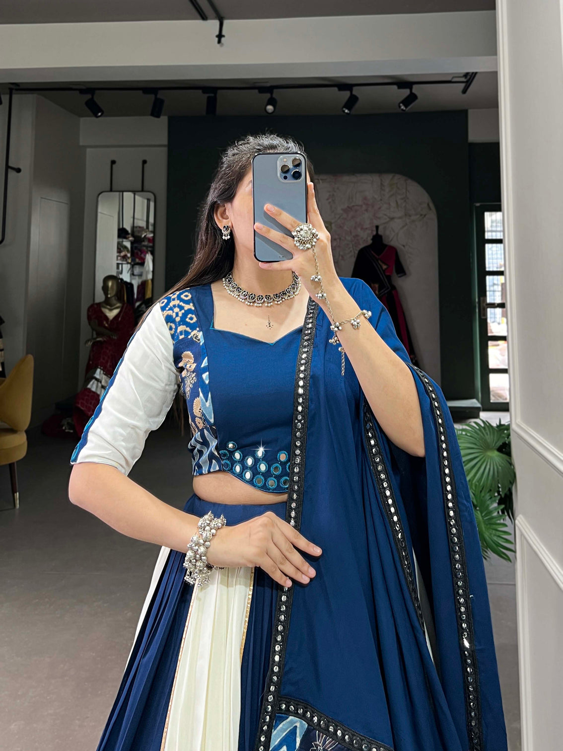Royal blue rayon gamthi lehenga choli with printed paper mirror work