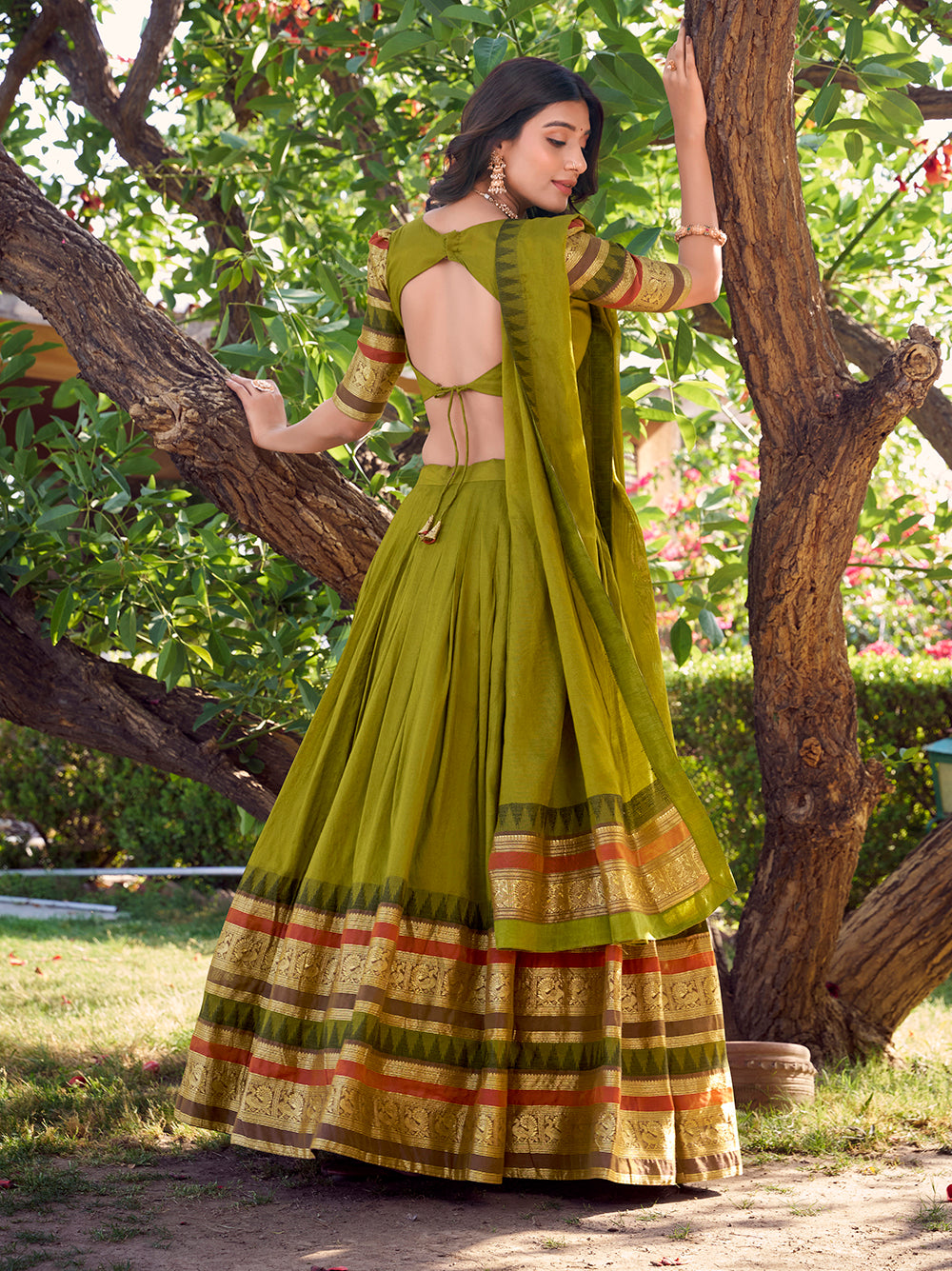 Mehandi green chanderi lehenga choli with zari border matching dupatta