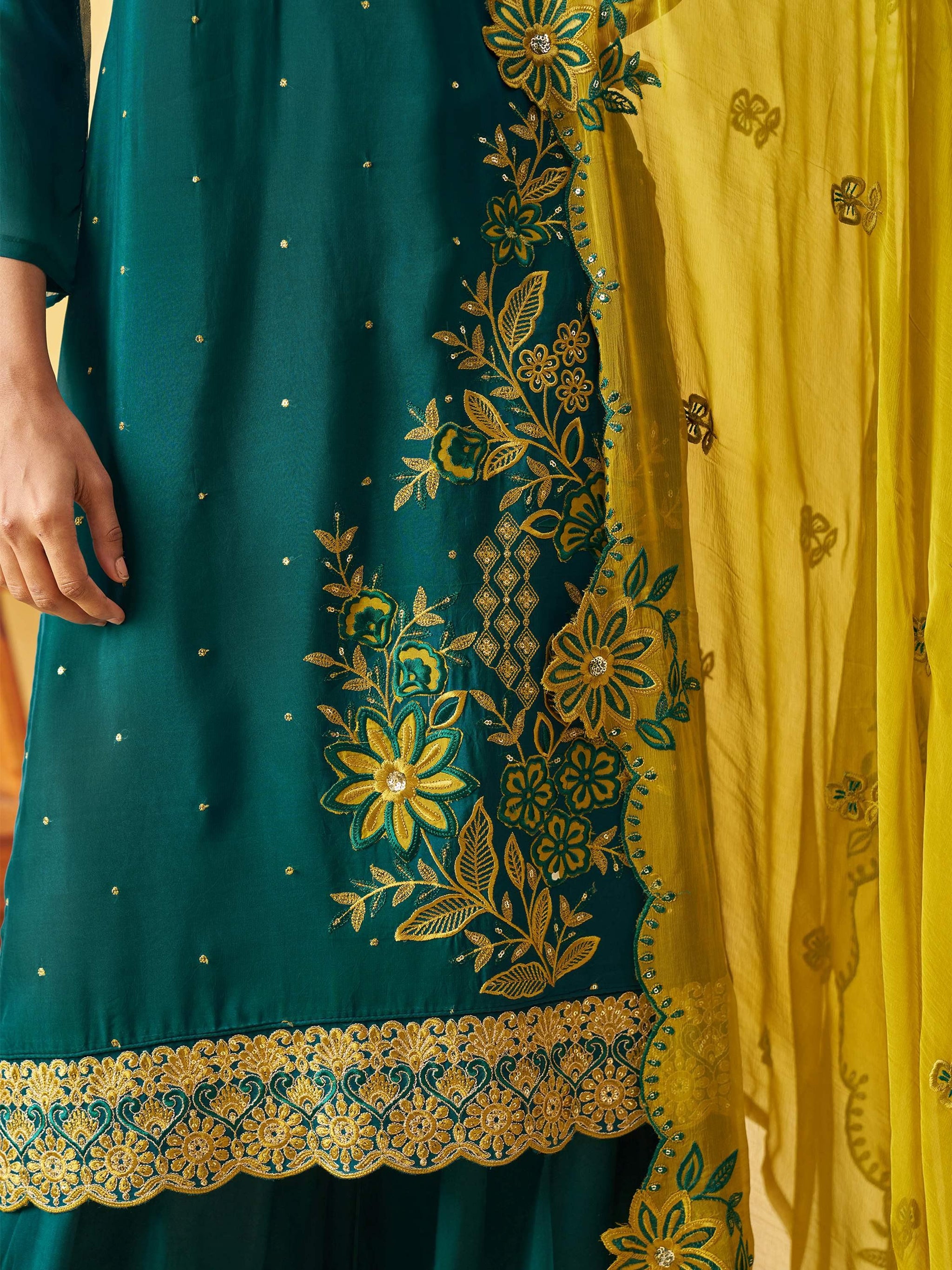 Charismatic Green Thread Embroidery Organza Ethnic Wear Palazzo Suit