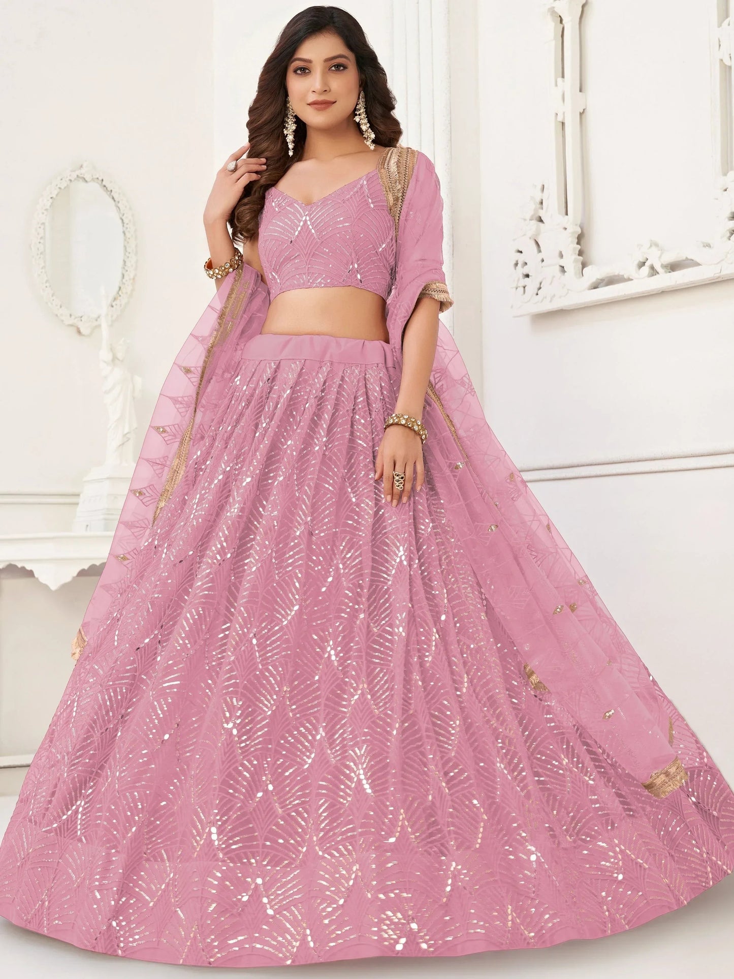 Charismatic Pink Thread Work Net Festivals Wear Lehenga With Dupatta