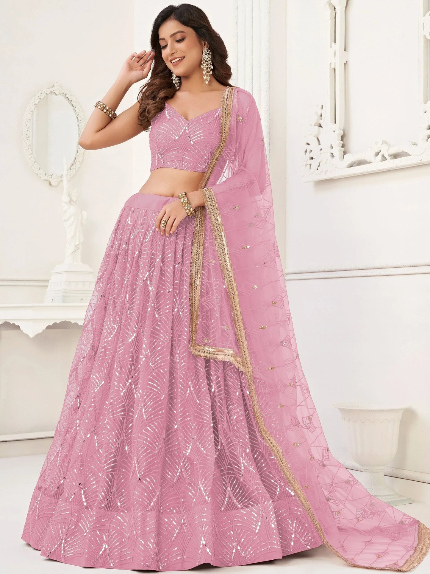 Charismatic Pink Thread Work Net Festivals Wear Lehenga With Dupatta