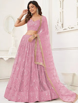 Charismatic Pink Thread Work Net Festivals Wear Lehenga With Dupatta