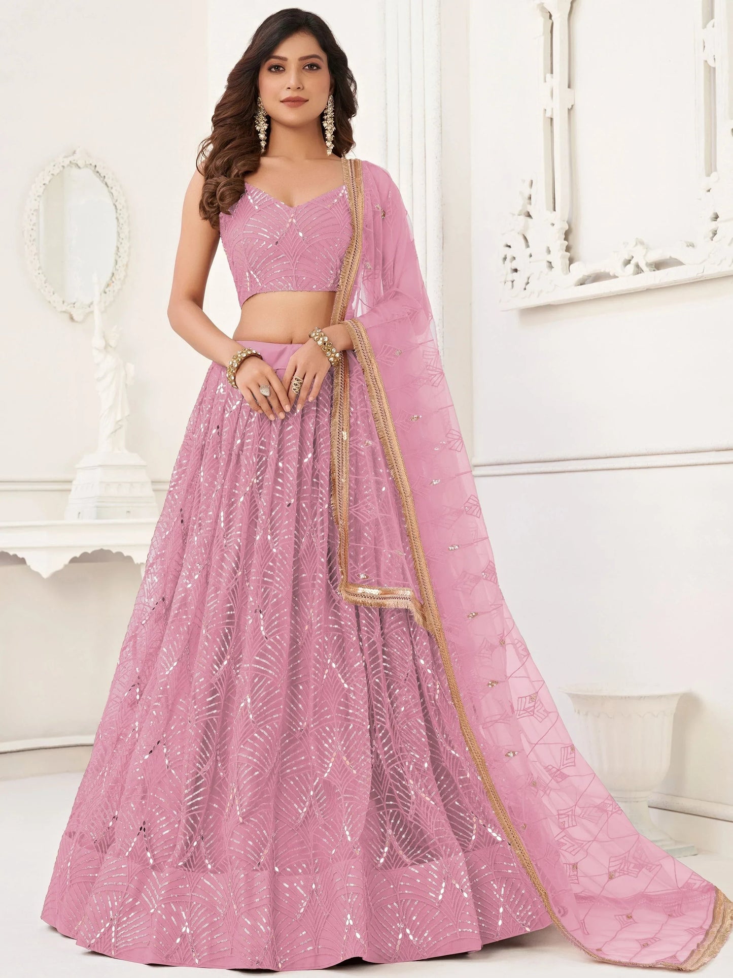 Charismatic Pink Thread Work Net Festivals Wear Lehenga With Dupatta