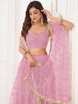 Charismatic Pink Thread Work Net Festivals Wear Lehenga With Dupatta