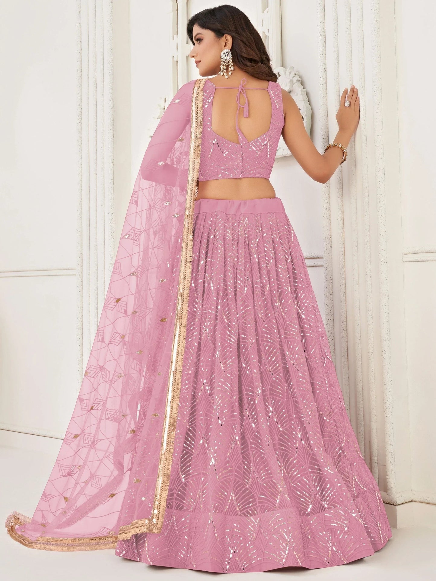Charismatic Pink Thread Work Net Festivals Wear Lehenga With Dupatta