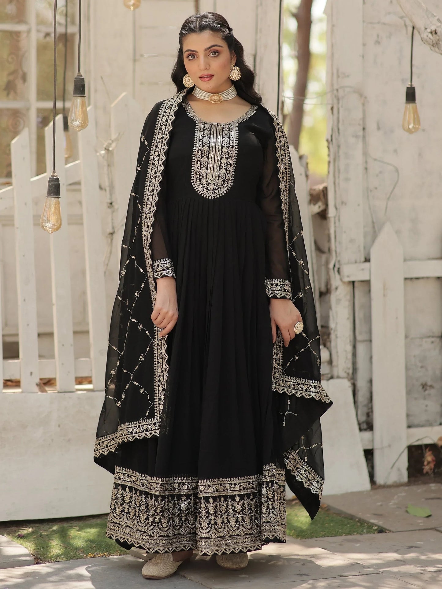 Charming Black Sequins Georgette Event Wear Gown With Dupatta