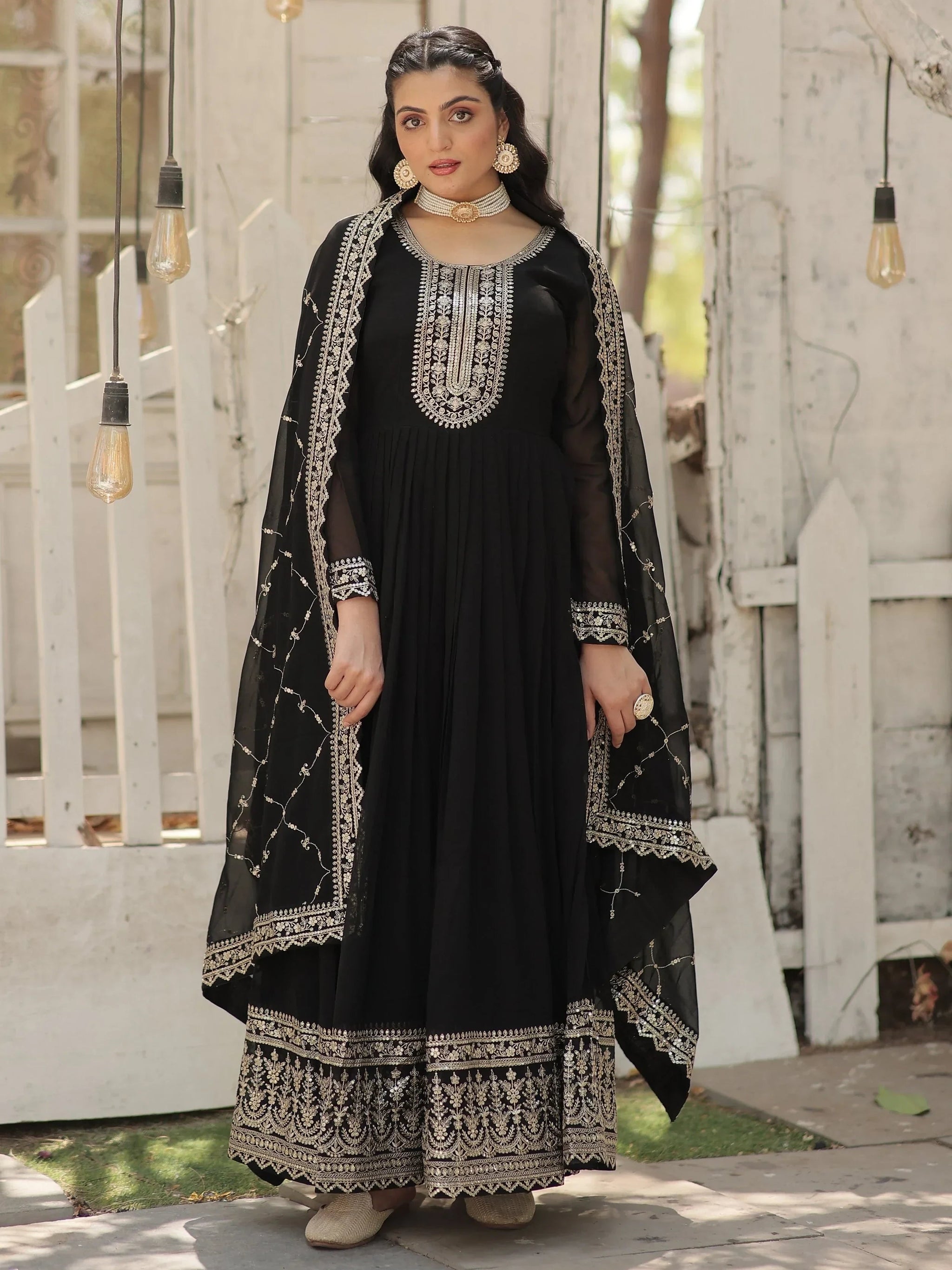 Charming Black Sequins Georgette Event Wear Gown With Dupatta