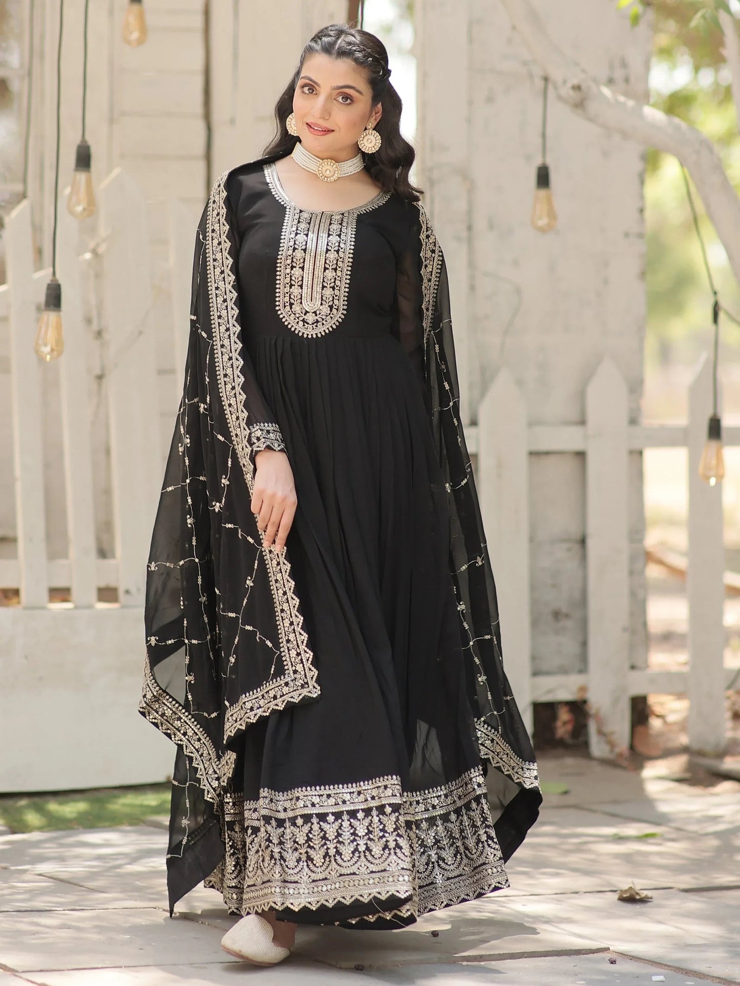 Charming Black Sequins Georgette Event Wear Gown With Dupatta