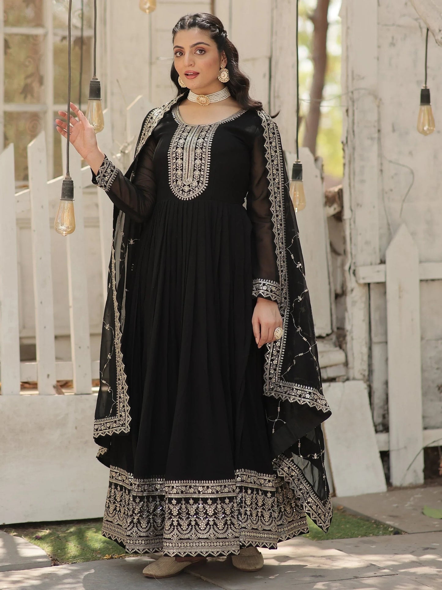 Charming Black Sequins Georgette Event Wear Gown With Dupatta