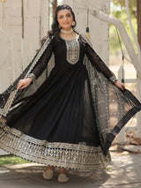Charming Black Sequins Georgette Event Wear Gown With Dupatta