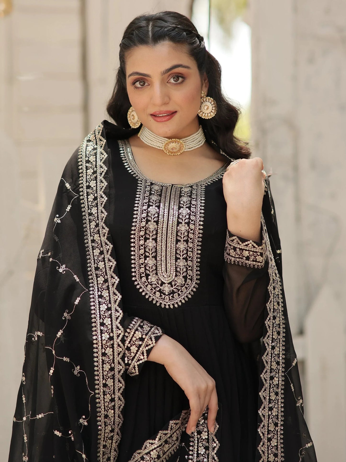 Charming Black Sequins Georgette Event Wear Gown With Dupatta