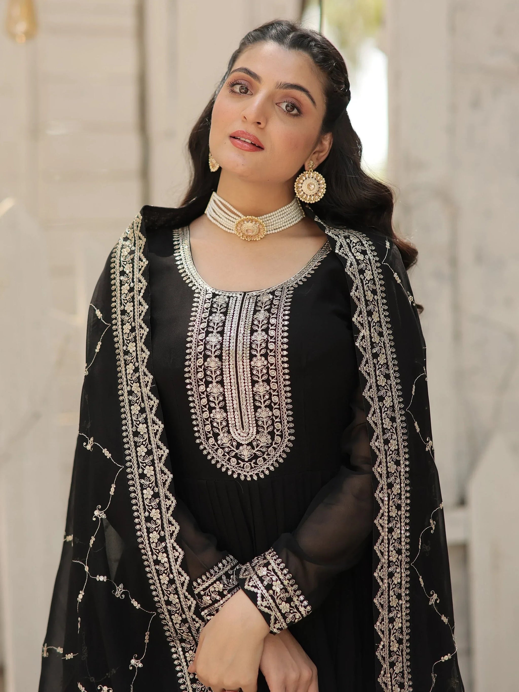 Charming Black Sequins Georgette Event Wear Gown With Dupatta
