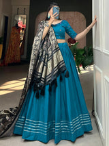 Charming Blue Cotton Plain Festive Wear Lehenga Choli With Dupatta