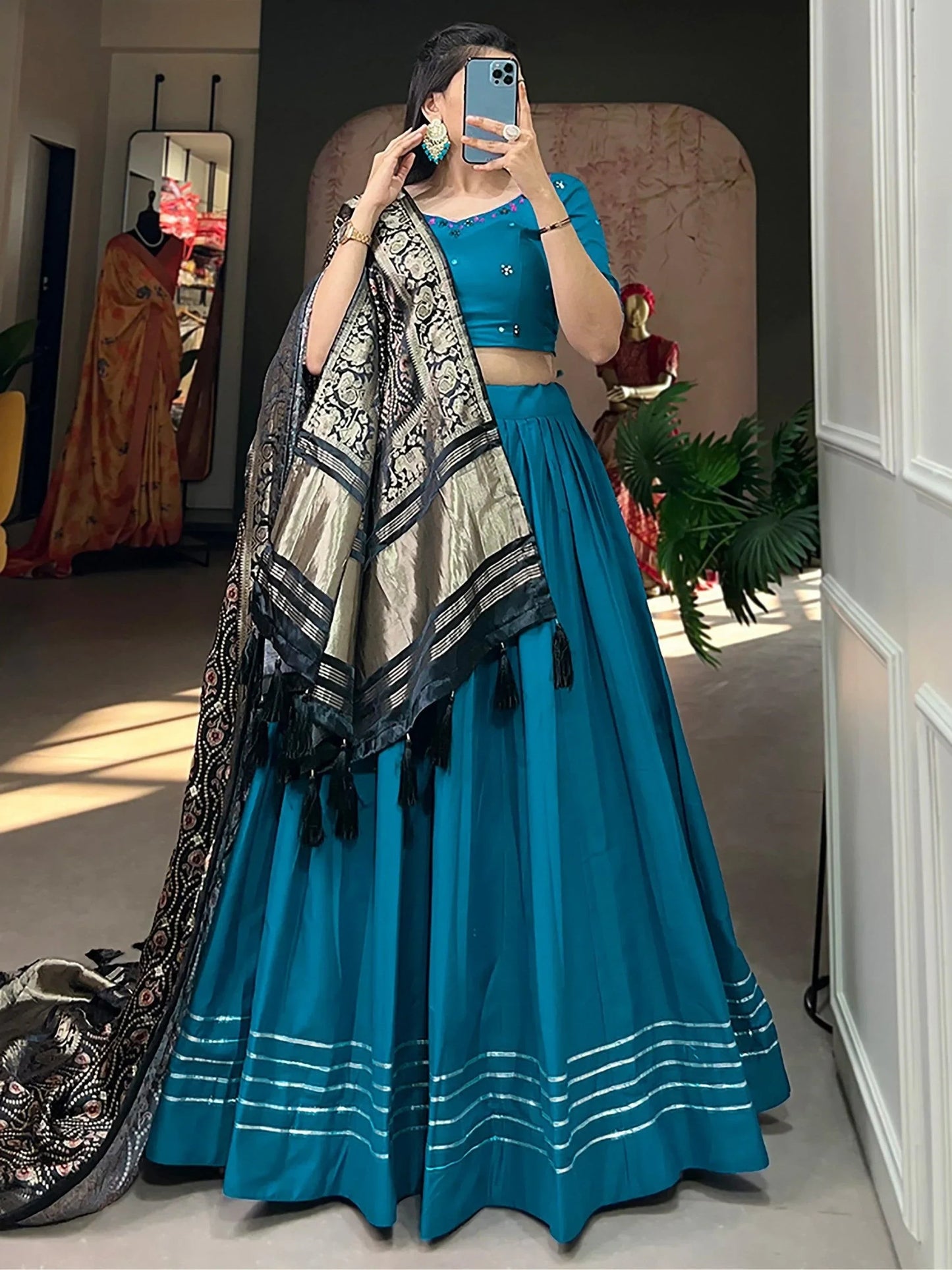 Charming Blue Cotton Plain Festive Wear Lehenga Choli With Dupatta
