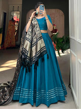 Charming Blue Cotton Plain Festive Wear Lehenga Choli With Dupatta