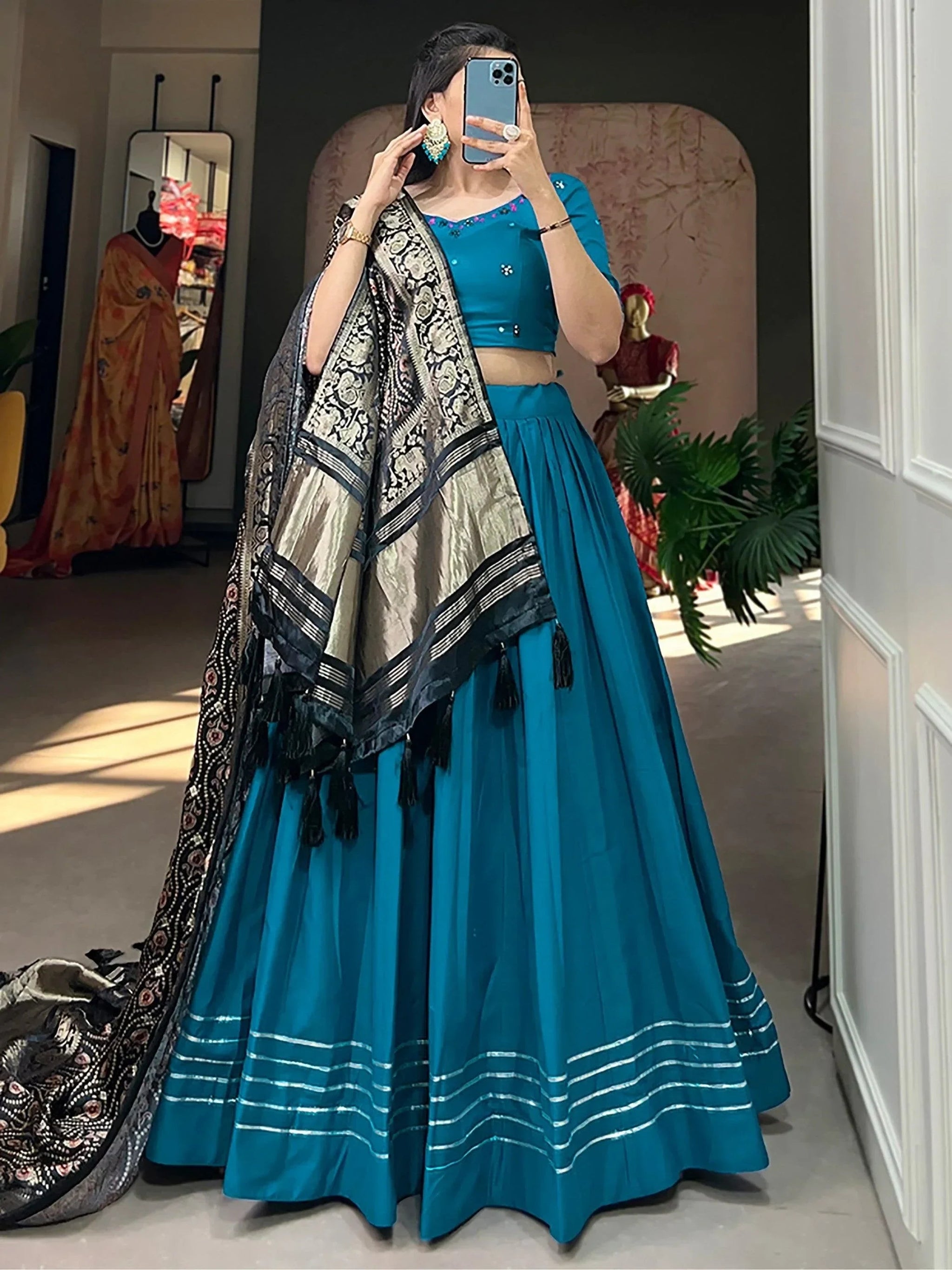 Charming Blue Cotton Plain Festive Wear Lehenga Choli With Dupatta