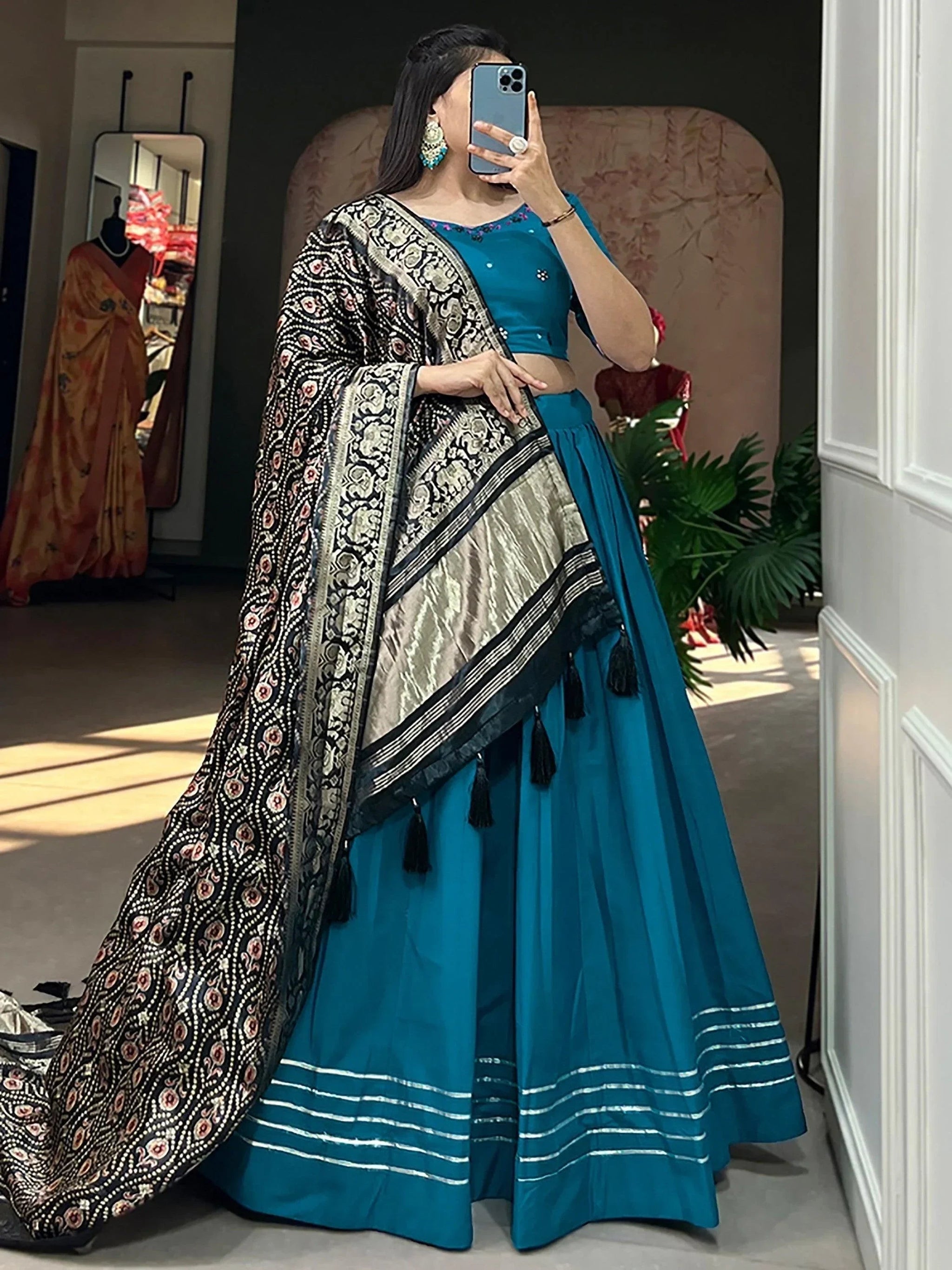 Charming Blue Cotton Plain Festive Wear Lehenga Choli With Dupatta