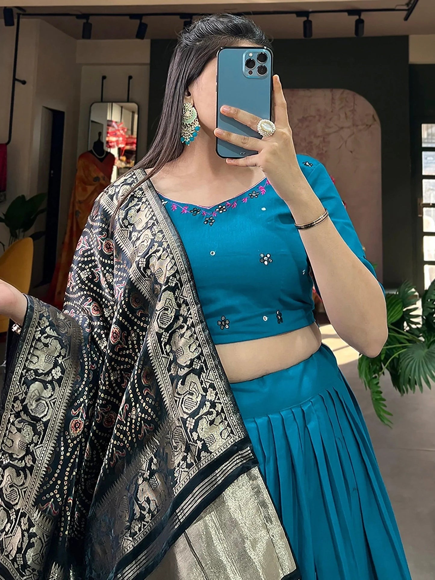 Charming Blue Cotton Plain Festive Wear Lehenga Choli With Dupatta