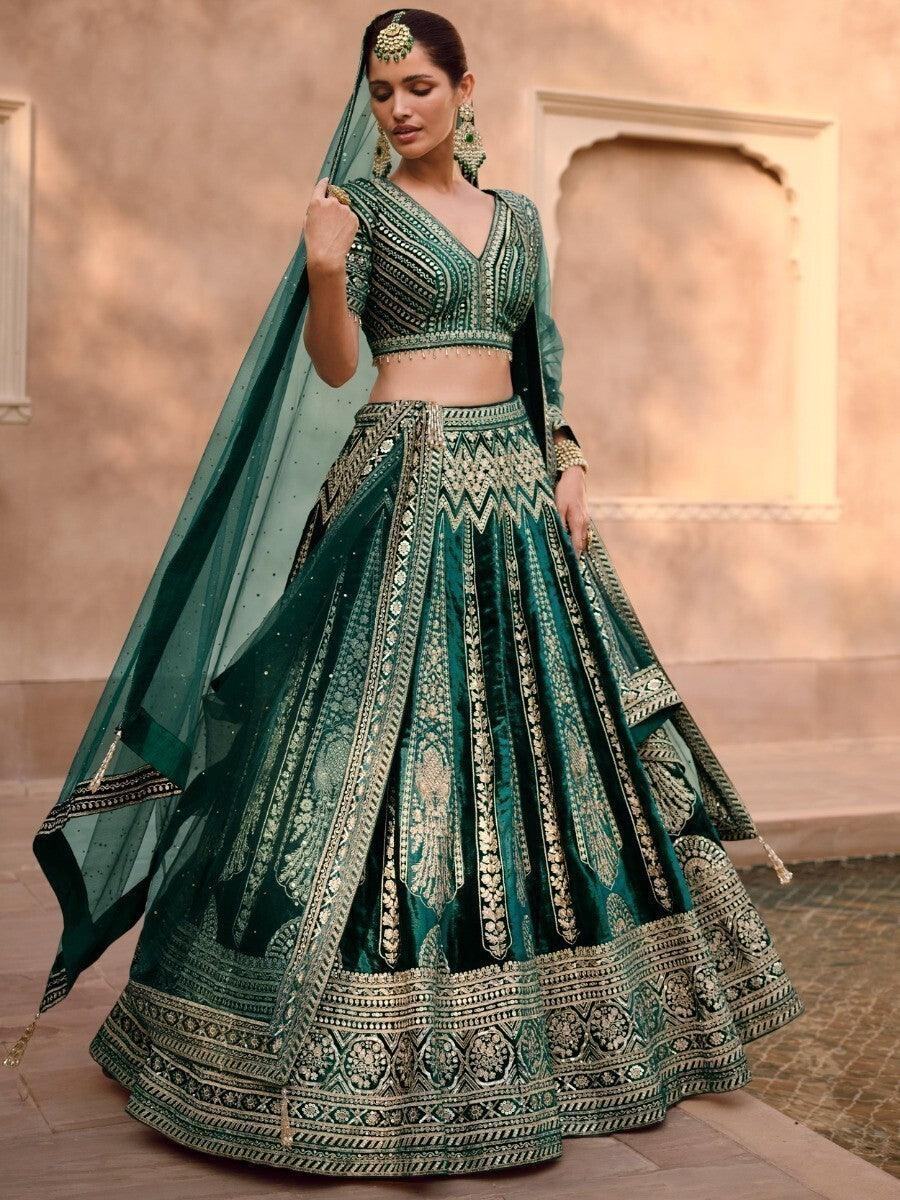 Charming Green Embroidered Velvet Bridal Lehenga Choli With Dupatta