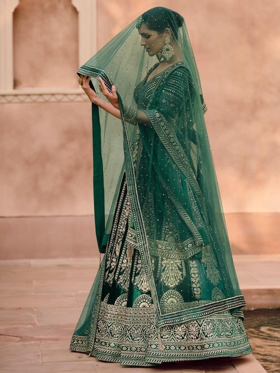 Charming Green Embroidered Velvet Bridal Lehenga Choli With Dupatta