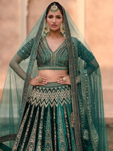 Charming Green Embroidered Velvet Bridal Lehenga Choli With Dupatta