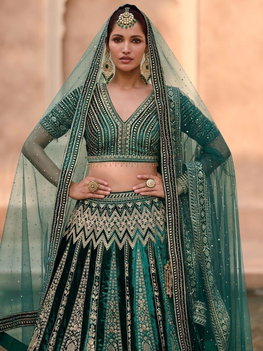 Charming Green Embroidered Velvet Bridal Lehenga Choli With Dupatta