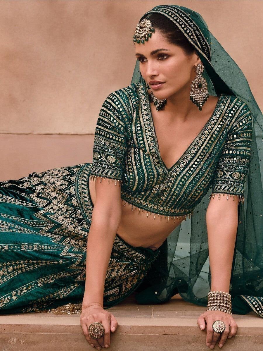 Charming Green Embroidered Velvet Bridal Lehenga Choli With Dupatta