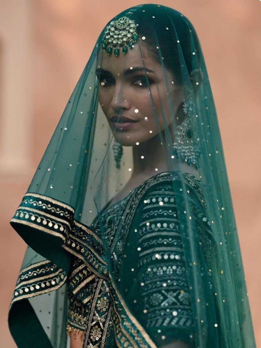 Charming Green Embroidered Velvet Bridal Lehenga Choli With Dupatta