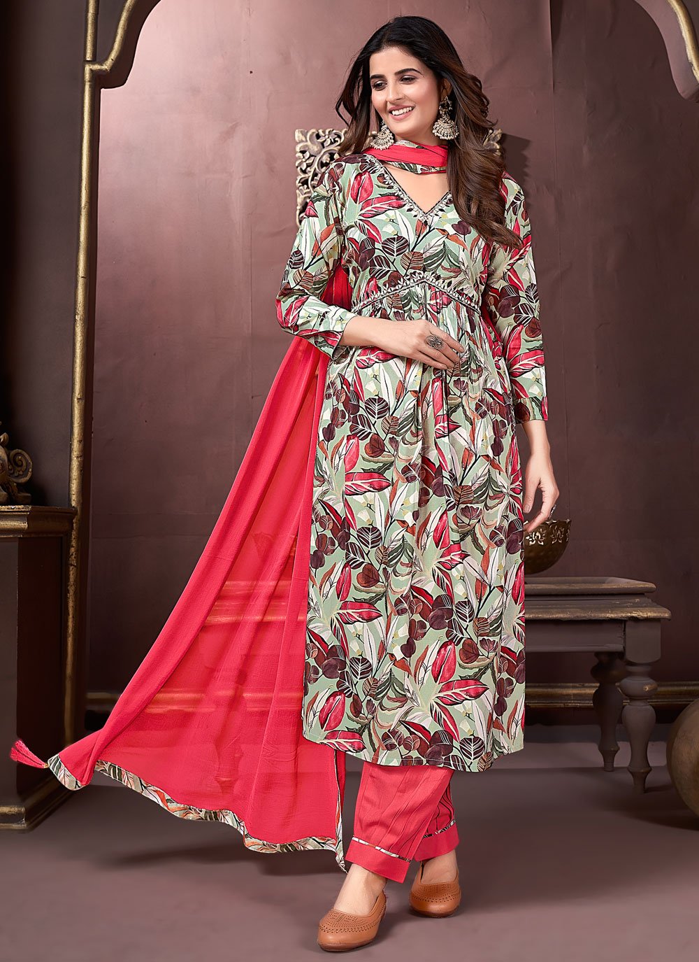 Charming green riyon handwork alia cut kurti pant set