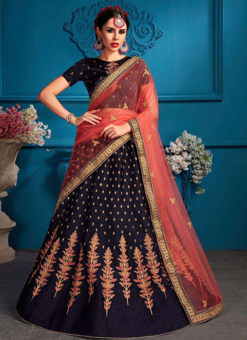 Charming Navy Blue Satin Base Embroidred Lehenga Choli